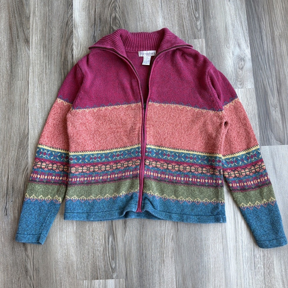 Vintage Dress barn Fair Isle M Ramie Sweater Cardigan Full Zip Multicolor 90s
